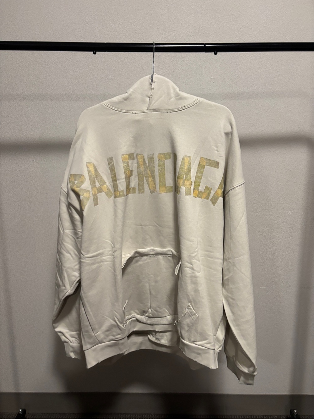 Balenciaga Men's Cream Hoodie with Faded Gold Logo
